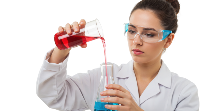 Woman in lab coat pouring red liquid into flask with blue liquid isolated PNG with Transparent Background