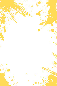 oft yellow paint splatters and grunge brush strokes create an artistic border on a white background. Abstract vector frame with ample copy space for a light, edgy design.