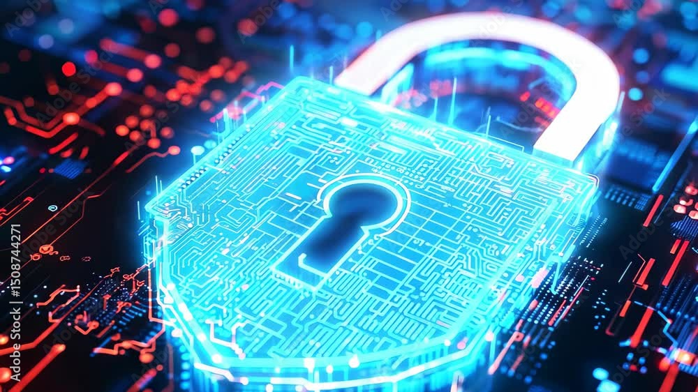 Aufkleber a striking representation of digital security featuring a glowing lock symbol on a complex circuit b