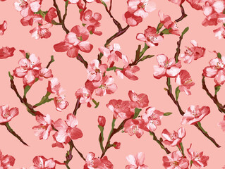 Naklejka premium cherry blossom, flower, pattern, floral, seamless, vector, illustration, nature, spring, blossom, design, wallpaper, decoration, flowers, pink, cherry, tree, art, leaf, beauty, plant, texture, branch,
