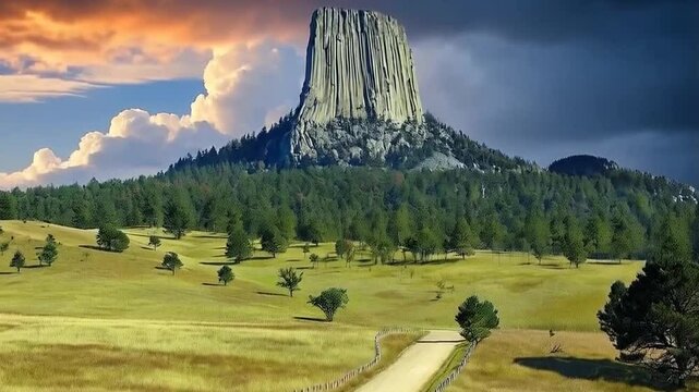 Devils Tower National Monument in Wyoming, with a dirt road leading to it, surrounded by a field and trees