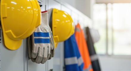 Protective leather gloves and yellow safety helmets hanging on locker hooks in an industrial locker room. Workplace safety and construction concept. Suitable for articles, banners, or brochures.