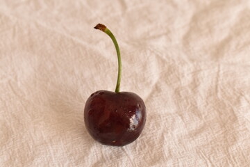 Single ripe cherry on a white linen tablecloth. Natural light, soft texture, clean and simple food...