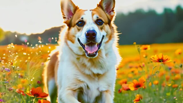 A joyful dog frolics through a vibrant flower field under a sunny sky, embodying happiness and freedom in nature's beauty.