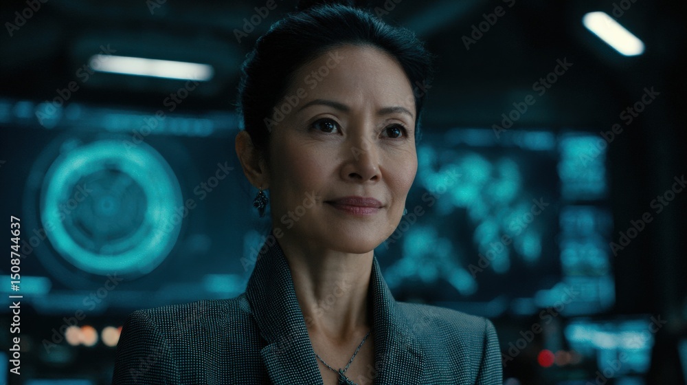 Poster a confident woman stands in a high-tech control room, with digital screens displaying maps and data 