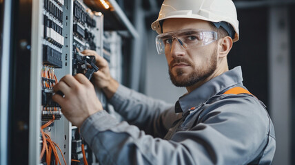 An electrician wearing protective clothing and goggles works with an electric panel. Safety training, articles about professions, advertisements for protective equipment.