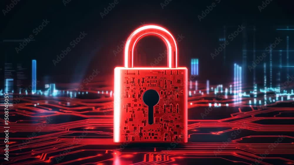 Aufkleber this image features a futuristic digital padlock set against a glowing circuit background, symbolizi