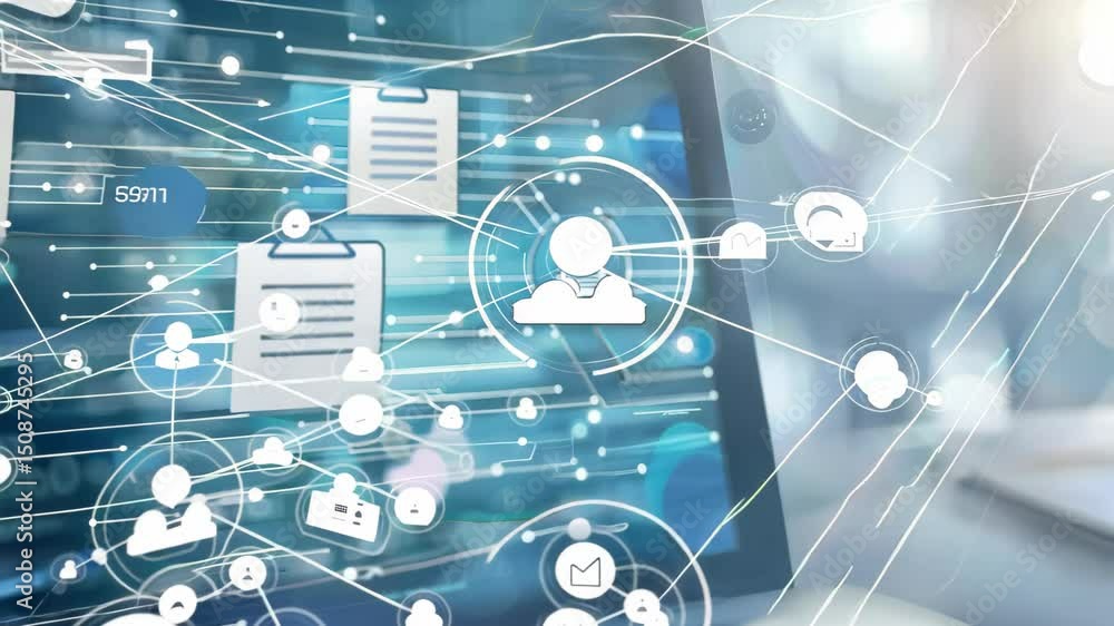 Poster modern digital graphics on a laptop screen depict networking connections and data flow. this abstrac