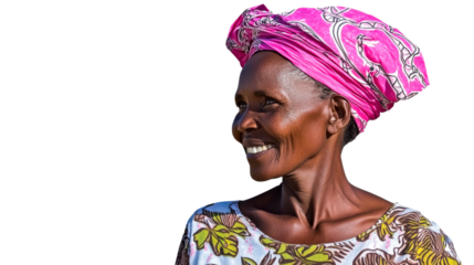 African woman smiles, wears headwrap, fabric shirt, cut out transparent