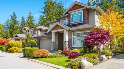 Obraz premium Modern suburban house with vibrant landscaping, lush trees, and a well-maintained front yard under a clear blue sky.