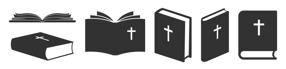 Bible Icon Set. Christian Holy Book Symbols, Black and Line Style Vector Illustrations on Transparent Background