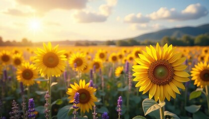 Fototapeta premium Soft, radiant field of blooming sunflowers and lavender , rustic, graphics, flowing