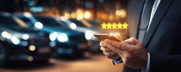 A man in a suit leaves a five-star review on his smartphone beside parked cars, symbolizing high customer satisfaction.