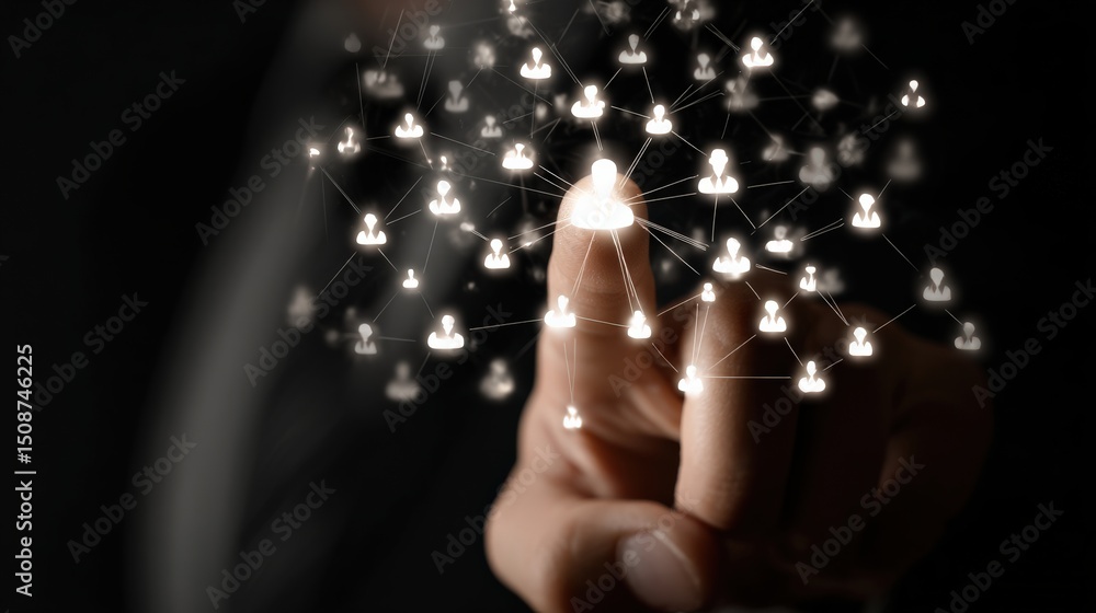 Poster a hand touches a digital network of glowing connected user icons, symbolizing social networking and 