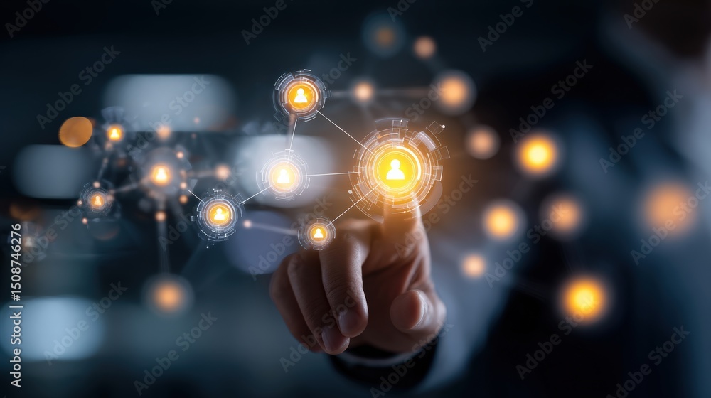 Poster a person interacts with a digital network interface, highlighting connected user icons and technolog