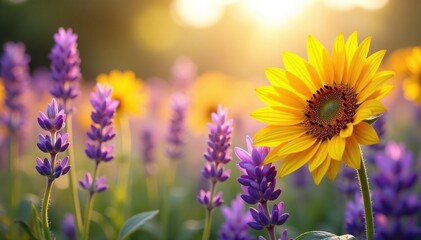 Blossoming sunflowers and lavender, flowing, sunny hues, texture, growth