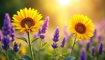 Obraz premium Radiant sunflowers and lavender, daisies in a sunlit, harmonious arrangement , texture, rustic