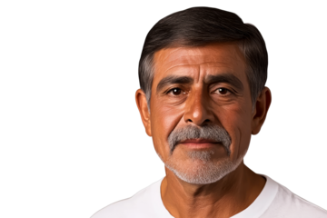 Mature Hispanic man portrait, face close up, neutral expression, cut out transparent