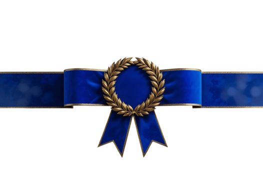 3D royal blue ribbon with velvet fabric effect and golden wreath center, floating on alpha channel.