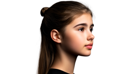 Profile portrait of fair-skinned young girl, isolated, cut out transparent