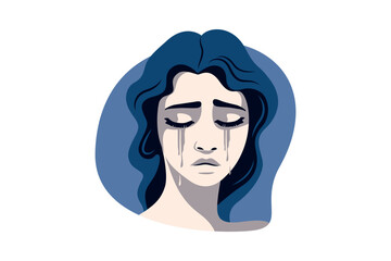 A sad woman crying, with expressive tears and closed eyes on a neutral blue background. Woman in depression. Concept of mental disorder, affliction, sorrow and anxiety.