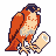 Obraz premium Pixel art falcon perched on scroll bird of prey details, retro 8 bit gaming