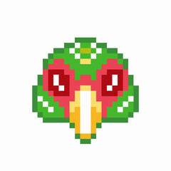 Pixel art parrot head colorful digital design, retro gaming illustration