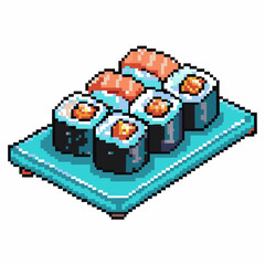 Pixel art sushi platter with nigiri and rolls on turquoise plate