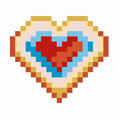 Obraz premium Pixelated heart icon with retro pixel art design in red, blue, and gold colors