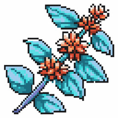 Obraz premium Pixel art of blue and orange flowering plant with geometric leaves and blooms