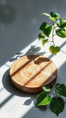 Natural Light and Green Plant on Wooden Slice