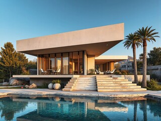Modern Desert House with Pool and Palm Trees