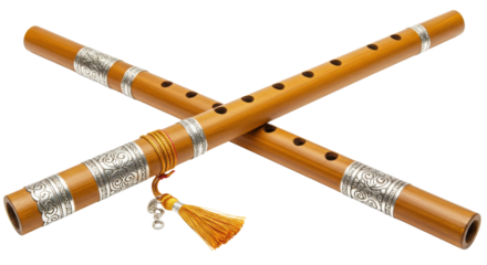 Two Crossed Chinese Bamboo Flutes with Silver Bands and Orange Tassel Isolated