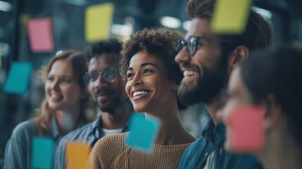Obraz premium A diverse group of young professionals brainstorming together, smiling and looking at colorful sticky notes on glass in a modern office.