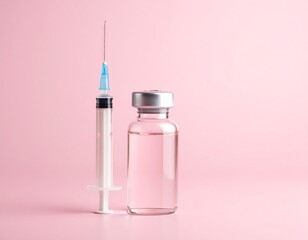A syringe stands beside a vial of clear liquid against a pink background