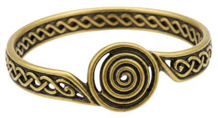 Antique bronze spiral bangle bracelet with Celtic knot design isolated