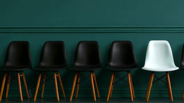 A striking image of black and white chairs arranged in a modern interior, showcasing minimalist design principles and contrasting aesthetics in an elegant setting.