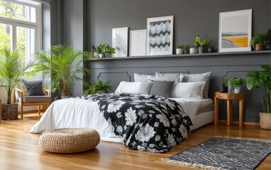 A gray bedroom with dark gray walls, a wooden floor, and a white carpet, featuring plants on shelves above the bed, gray patterned bedding, black side tables