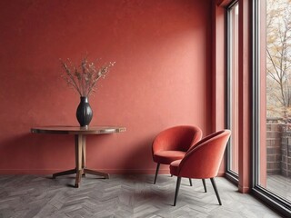 Modern Red Interior with Velvet Chairs and Wooden Table