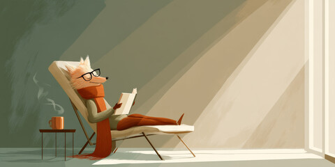 Mr. Fox sitting on a chair reading leisurely