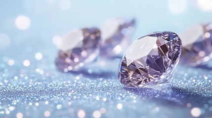 Shimmering light blue background with falling white and purple diamonds, sparkling and glittery texture, elegant and dreamy design concept for luxury, fantasy or festive decoration themes.