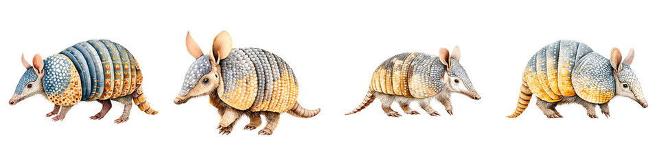Delightful animation of adorable armadillos in vibrant colors, showcasing their unique texture and playful demeanor, perfect for children's books or wildlife-themed designs.