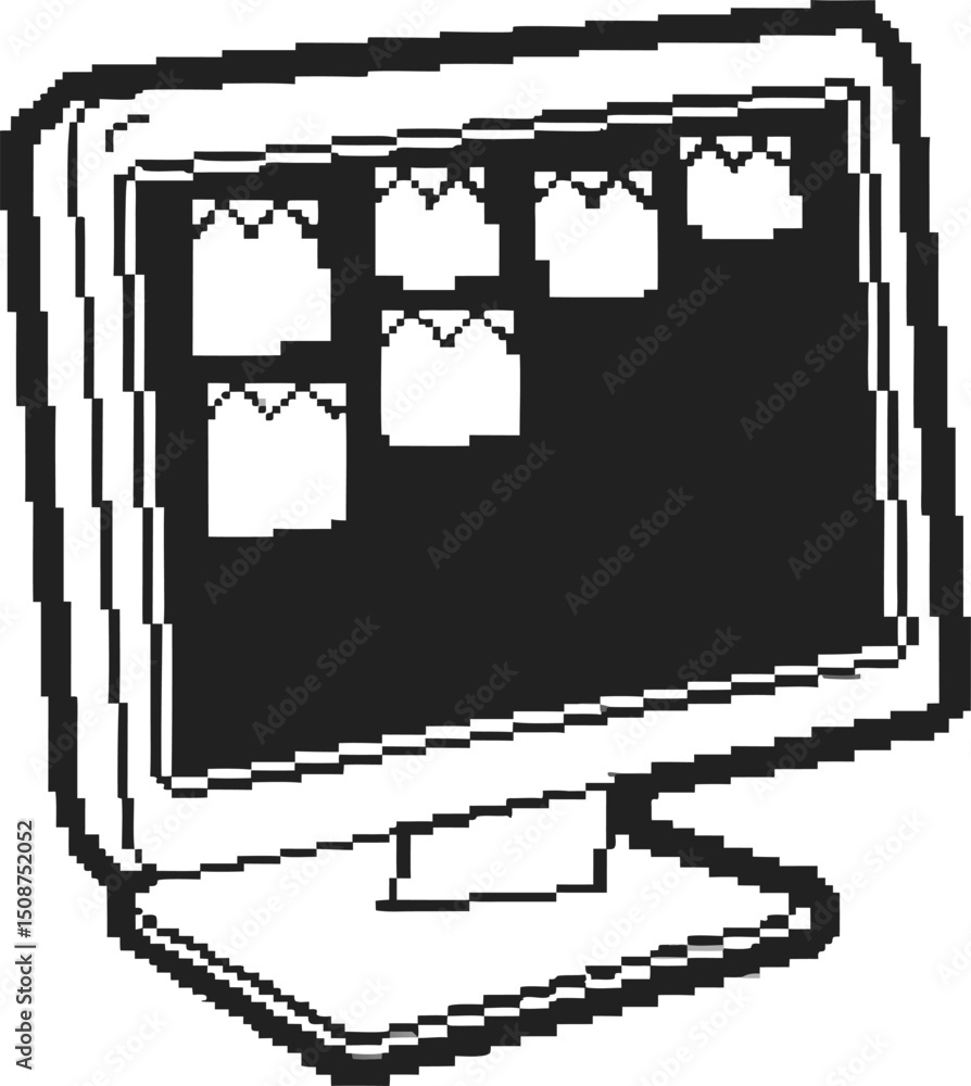 Aufkleber retro pixel art computer with file icons vintage digital nostalgia and monochrome screen graphics