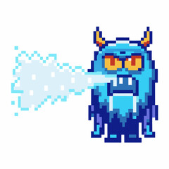 pixel ice monster breathing frost retro game style, blue creature with horns in action