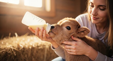 Woman feeding a white calf with a milk bottle in a barn. Agriculture and animal husbandry concept. Farm life for design background.