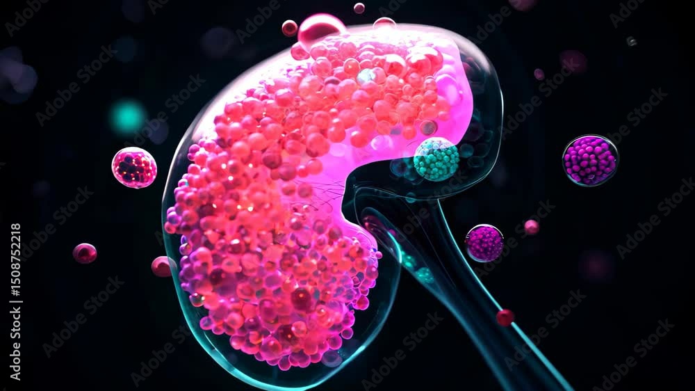 Poster this striking 3d illustration showcases a colorful kidney structure surrounded by vibrant particles,