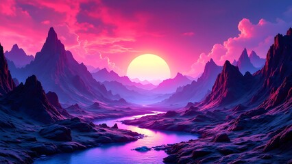 Fototapeta premium Mountain landscape at dawn or dusk, with sun and clouds touching the peaks, offering a beautiful view of nature's light over hills and valleys