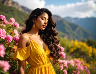 Naklejka premium Woman in yellow dress amongst flowers