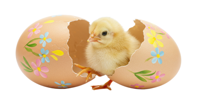 Newborn yellow chick hatching from decorated Easter eggshell isolated on white background