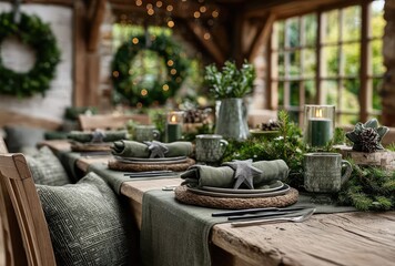 Stylish dining table setting with green linen, star-shaped wreath, and Christmas decorations on the wall, in a green color palette, with brown walls and natural light